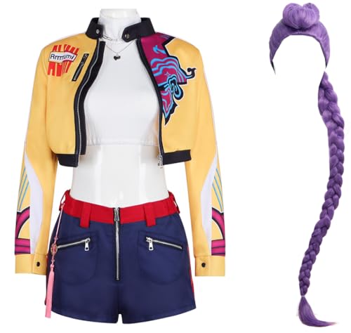 Luascxu Frauen Demon Hunters Rumi Cosplay Jacke Hosen Battle Uniform Zoey Mira Kostüm Hemd Rock Kleid Perücke für Halloween (Stil 3 + Perücke, X-Large) von Luascxu