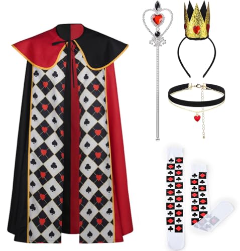 Luascxu Königin Queen Hearts Cosplay Kleid Krone Halskette mit Perücke Damen Herzkönigin Halloween Kostüm Kap Mantel (Rot 2, One Size) von Luascxu