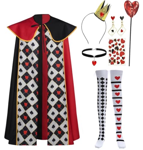 Luascxu Königin Queen Hearts Cosplay Kleid Krone Halskette mit Perücke Damen Herzkönigin Halloween Kostüm Kap Mantel (Rot 3, One Size) von Luascxu