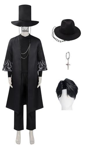 Luascxu Männer Demon Hunters Sajaboys Cosplay Kleid Hose Gürtel mit Hut Schwarz Saja Jinu Halloween Kostüm Schurken Huntrix Uniform (Schwarz 2 + Perücke, X-Small) von Luascxu