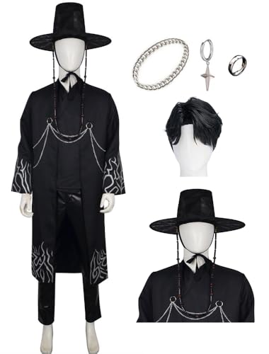 Luascxu Männer Demon Hunters Sajaboys Cosplay Kleid Hose Gürtel mit Hut Schwarz Saja Jinu Halloween Kostüm Schurken Huntrix Uniform (Schwarz 3 + Perücke, Medium) von Luascxu