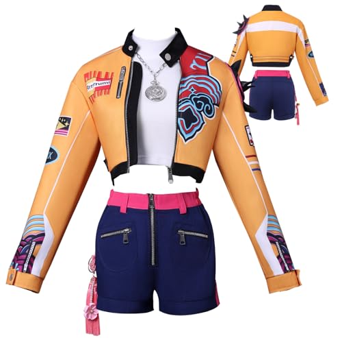 Luascxu Women Demon Hunters Rumi Cosplay Top Jacket Pants Short Battle Uniform Kpop Idol Rumi Costume Wig for Halloween (Yellow, X-Large) von Luascxu