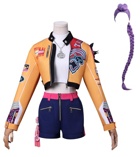 Luascxu Women Demon Hunters Rumi Cosplay Top Jacket Pants Short Battle Uniform Kpop Idol Rumi Costume Wig for Halloween (Yellow + Wig, X-Small) von Luascxu