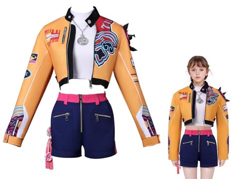 Luascxu Women Demon Hunters Rumi Cosplay Top Jacket Pants Short Battle Uniform Kpop Idol Rumi Costume Wig for Halloween (Yellow - Little, Small) von Luascxu