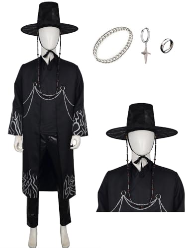Männer Demon Hunters Sajaboys Cosplay Kleid Hose Gürtel mit Hut Schwarz Saja Jinu Halloween Kostüm Schurken Huntrix Uniform (Schwarz 3, Large) von Luascxu