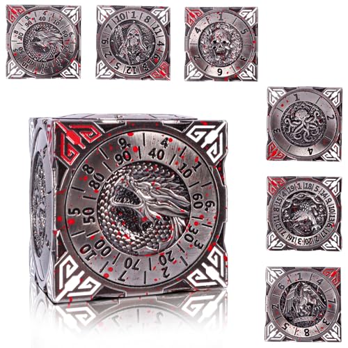 DND Spinner Dice - 7-in-1-Würfelset aus Metall mit 3D-Relief-Drachendesign | Einzigartiges Spinner-Design für Dungeons & Dragons RPG-Polyeder-Würfelset für D&D-und DM Spieler (Silber) von Luazuri