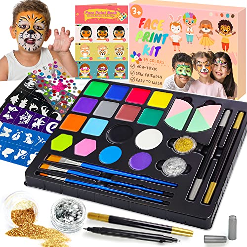 Lubibi Kinderschminke Set,Schminkset für Kinder,Professionelle Schminkfarben,Schminkpalette,16 Farben+2 Tattoos Stift+2 Glitterpuder,Fasching Gesichtsfarben für Fasching Geburtstag Halloween Karneval von Lubibi