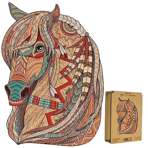 Lubiwood Verspielters Tierform-Holzpuzzle (21x15 cm) - Fördert Beobachtungsfähigkeiten und Zufriedenheit - kommt mit Holzgeschenkbox - Perfekt für Erwachsene (Majestic Horse, Medium (A4)) von Lubiwood