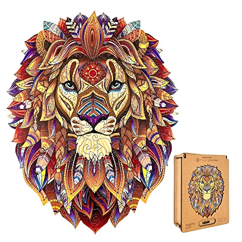 Lubiwood Verspielters Tierform-Holzpuzzle (21x15 cm) - Fördert Beobachtungsfähigkeiten und Zufriedenheit - kommt mit Holzgeschenkbox - Perfekt für Erwachsene (Mighty Lion, Large (A3)) von Lubiwood