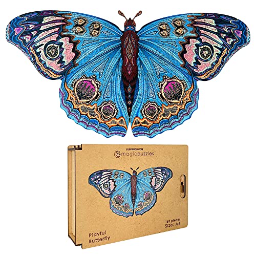 Lubiwood Verspielters Tierform-Holzpuzzle (42x29 cm) - Fördert Beobachtungsfähigkeiten und Zufriedenheit - kommt mit Holzgeschenkbox - Perfekt für Erwachsene (Verspielter Schmetterling, Large (A3)) von Lubiwood