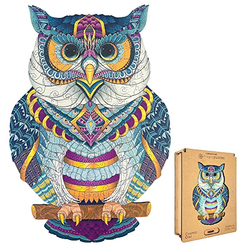 Lubiwood Verspielters Tierform-Holzpuzzle (21x15 cm) - Fördert Beobachtungsfähigkeiten und Zufriedenheit - kommt mit Holzgeschenkbox - Perfekt für Erwachsene (Cosmic Owl, Large (A3)) von Lubiwood