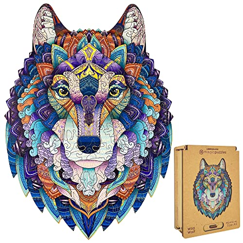 Lubiwood Verspielters Tierform-Holzpuzzle (21x15 cm) - Fördert Beobachtungsfähigkeiten und Zufriedenheit - kommt mit Holzgeschenkbox - Perfekt für Erwachsene (Wild Wolf, Large (A3)) von Lubiwood