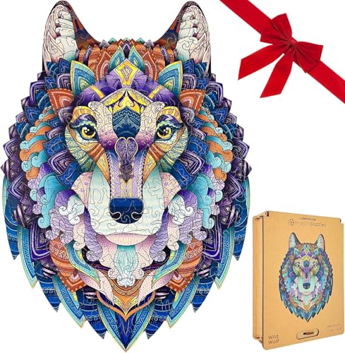 Lubiwood Verspielters Wilder Wolf Tierform-Holzpuzzle (29x21 cm) - Fördert Beobachtungsfähigkeiten und Zufriedenheit - kommt mit Holzgeschenkbox - Perfekt für Erwachsene von Lubiwood
