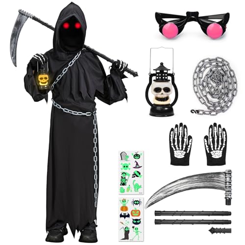 Lubolee Halloween Kostüm Kinder, Halloween Sensenmann Kostüm Jungen mit Schädel Lampe, Handschuhen,Taillenkette und leuchtender Brille Grim Reaper Scream Kostüm von Lubolee