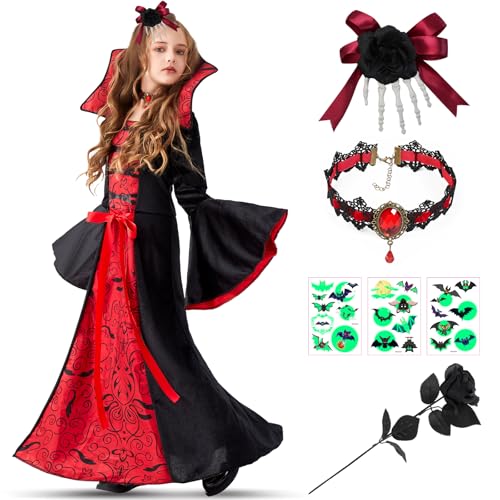 Lubolee Halloween Kostüm Mädchen, Gruseliges Halloween Vampir Kostüm Kinder Mädchen, Vampir Kostüm Kinder Set Mit Kopfschmuck, Halsketten, Schwarze Rosen und im Dunkeln Leuchtende Tattoo-Aufkleber von Lubolee