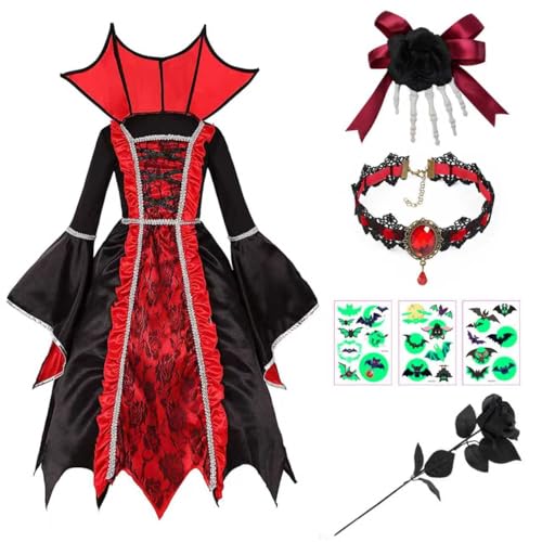 Lubolee Halloween Vampir Kostüm Kinder Mädchen, Halloween Kostüm mit Haarspange & Rose & Aufkleber x3 & Halskette für Halloween Karneval Cosplay Party von Lubolee