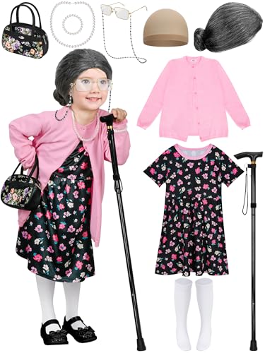 Luces 100 Tage Schulkostüm für Mädchen, Alte Dame Cosplay Set für 100. Schultag, Oma Kleid Mantel mit Perücke für Mädchen von Luces
