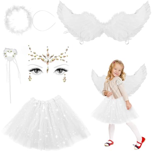Luchild Engelsflügel und Halo für Kinder 5pcs Fancy Dress Up Dress +Angel Halo Hair Headband+Magic Wand + Feder Flügel Outfits für Halloween Karneval Cosplay Weihnachten(3-8 Jahren) von Luchild