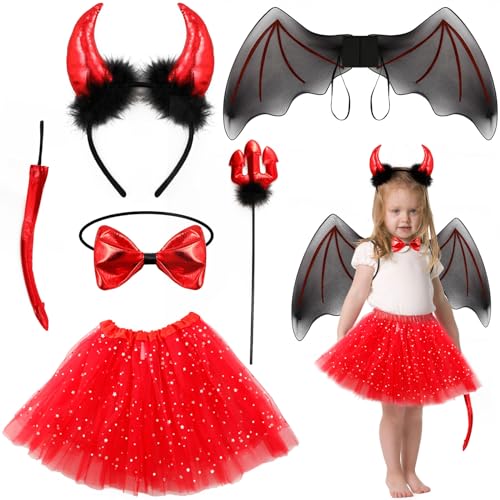 Luchild Teufelstrompete 5-Teiliges Teufel Kostüm Kinder - Teufelshörner, Schwarzes Engel-Stirnband, Teufelsflügel für Mehrere Cos-Partys (Rot und Schwarz) von Luchild