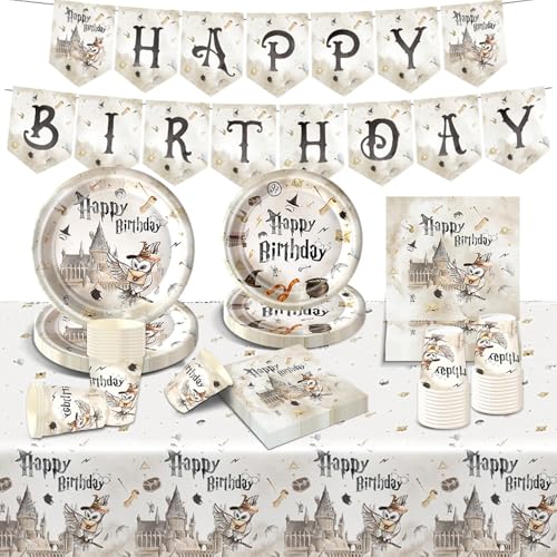 Partygeschirr Kinder Wizard Geburtstag Deko-52Pcs Pappteller Tischdecke Banner Kindergeburtstag Junge Mädchen Geburtstags Geschirr Birthday Party Tableware Supplies Kit Teller Servietten Tassen von Luchild
