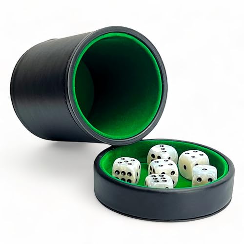 Luck Lab Würfelbecher aus schwarzem Leder mit Deckel inkl. 6 passenden Perlenwürfeln - Innen grün Samt zum ruhigen Schütteln - Verwendung für Lügner Würfel Farkle Yahtzee Brettspiele schwarz von Luck Lab