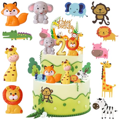 16 Stück Tortendeko 2. Geburtstag, Safari Zoo Dschungel Tortendeko, Wald Tiere Happy Birthday Kuchendeko, Waldtiere Figuren Cake Topper 2. Geburtstag, Torten Deko für 2 Jahre Junge Mädchen von Luckeey