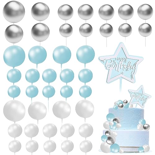 43 Stück Tortendeko Kugeln, DIY Cake Topper Geburtstag, Schaumkugeln Cupcake Deko, Tortendeko Geburtstag für Geburtstagskuchen Deko Valentinstag Hochzeitstag Babyparty(Blau/Weiß/Gold) von Luckeey