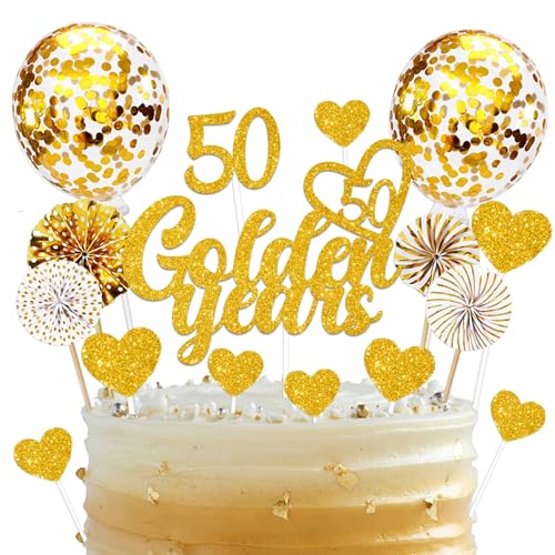 19 Stück Tortendeko Goldene Hochzeit, 50 Golden Years Cake Topper, Glitzer Goldene 50. Geburtstag Kuchendeko, Torten Topper Goldene Hochzeit Geschenke von Luckeey