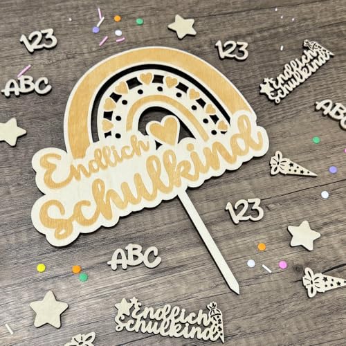 Tortendeko Einschulung, 1 Stück Endlich Schulkind Cake Topper Holz & 26 Stück Holz Schultüte ABC 123 Streudeko Tischdeko Schulanfang, Schulkind 2025 Mädchen Junge Kuchen Deko Einschulung Geschenk von Luckeey