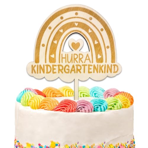 Tortendeko Einschulung, Hurra Kindergartenkind Holz, Regenbogen Tortendeko Kindergarten Start Kita 2025, Erster Kindergartentag Kuchen Deko, Junge Mädchen Kindergartentag Geschenk von Luckeey