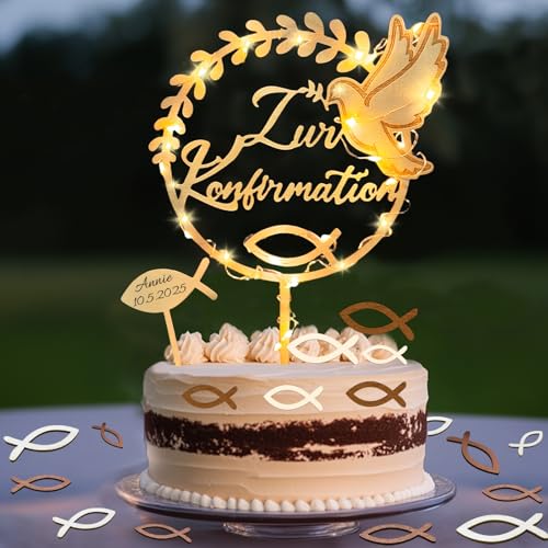 Tortendeko Konfirmation mit LED Lichterkette, Cake Topper Konfirmation Holz & 36 Stück Holz Fische Streudeko Tischdeko & Kreuzigung Fisch Kuchen Deko, Deko Junge Mädchen Geschenke Gastgeschenke Tortendeko Konfirmation mit LED Lichterkette, Cake Topper Konfirmation Holz & 36 Stück Holz Fische Streudeko Tischdeko & Kreuzigung Fisch Kuchen Deko, Deko Junge Mädchen Geschenke Gastgeschenke von Luckeey