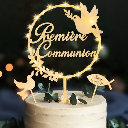 Cake Topper Kommunion, 3 Stück Kuchen Topper Kommunion mit LED Lichterkette, Tortendeko Holz Religious Ceremony Cake Topper Kommunion, 3 Stück Kuchen Topper Kommunion mit LED Lichterkette, Tortendeko Holz Religious Ceremony von Luckeey