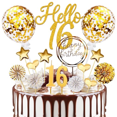 Kuchen Deko 16 Geburtstag Junge Mädchen, Geburtstagsdeko 16 Jahre Tortendeko Gold, Hello 16 Cake Topper mit Geburtstagskerzen, für 16. Geburtstag Junge Mädchen Kuchen Deko 16 Geburtstag Junge Mädchen, Geburtstagsdeko 16 Jahre Tortendeko Gold, Hello 16 Cake Topper mit Geburtstagskerzen, für 16. Geburtstag Junge Mädchen von Luckeey