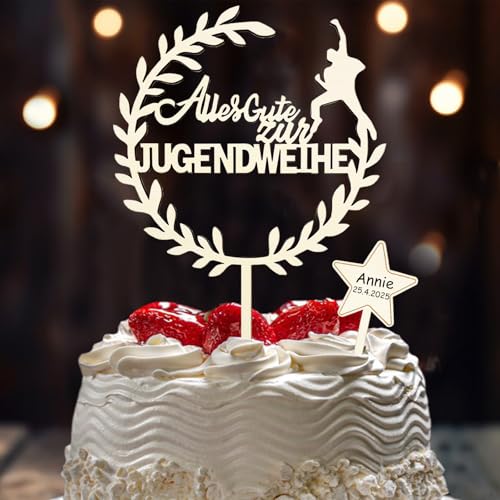 Cake Topper Jugendweihe Deko Holz, Eukalyptus Tortenaufleger und Stern Tortendeko - Originelle Kuchendekoration zur Jugendweihe Mädchen Junge Cake Topper Jugendweihe Deko Holz, Eukalyptus Tortenaufleger und Stern Tortendeko - Originelle Kuchendekoration zur Jugendweihe Mädchen Junge von Luckeey