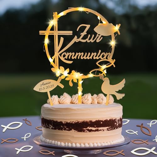 Tortendeko Kommunion mit LED Lichterkette, Cake Topper Kommunion Holz & 36 Stück Holz Fische Streudeko Tischdeko & Fisch Taube Kuchen Deko, Erstkommunion deko Junge Mädchen Geschenke Gastgeschenke von Luckeey