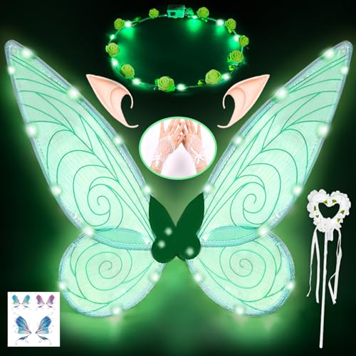 LED Schmetterlingsflügel Kinder Erwachsene, Feenflügel Grün mit Elfenohren, LED Fee Stirnband, Feenstab, Schmetterling Tattoo und Mesh-Handstulpen,Feen Kostüm Kinder für Karneval,Fasching,Mottopartys LED Schmetterlingsflügel Kinder Erwachsene, Feenflügel Grün mit Elfenohren, LED Fee Stirnband, Feenstab, Schmetterling Tattoo und Mesh-Handstulpen,Feen Kostüm Kinder für Karneval,Fasching,Mottopartys von Luckeey