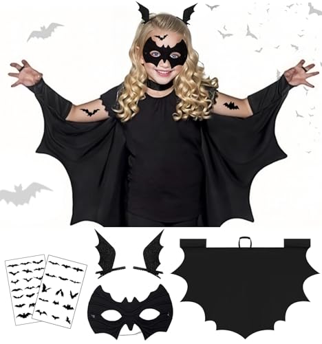 Fledermaus Kostüm Kinder, fledermaus Umhang & Maske & Leuchtend Tattoos & Fledermausflügel Haarspangen 6 Teilig Set, Vampir Kostüm, für Körpergröße 120-130CM Mädchen Jungen Halloween Karneval Cosplay Fledermaus Kostüm Kinder, fledermaus Umhang & Maske & Leuchtend Tattoos & Fledermausflügel Haarspangen 6 Teilig Set, Vampir Kostüm, für Körpergröße 120-130CM Mädchen Jungen Halloween Karneval Cosplay von Luckeey