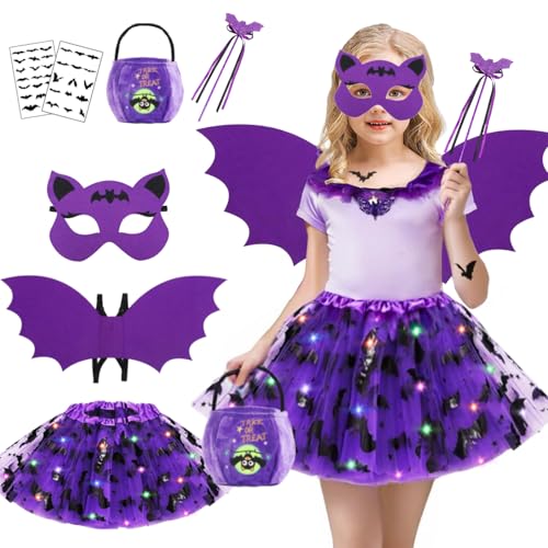 Luckeey Halloween Kostüm Kinder Fledermaus, 7 Stück Fledermaus Kostüm Kinder, Tattoo Gesicht Fledermausmaske Feenstab Bonbontüte Tüllrock mit LED, Fledermauskostüm Mädchen Für Fasching Halloween von Luckeey