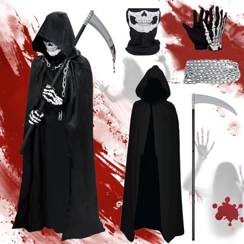Sensenmann Kostüm Kinder, Halloween Kostüm Kinder Jungen Mädchen 5 Pcs, Halloween Sensenmann Kostüm Umhang Sichel Schädelmaske SchädeHandschuhe und Kette Gürtel für Halloween Karnevals Party Cosplay von Luckeey