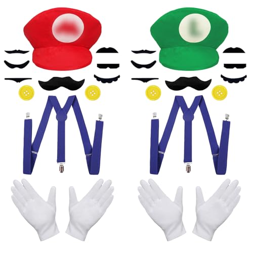 Luckeey Mario Luigi Kostüm Accessories, Mütze Hut Handschuhe Bart Gelbe Knöpfe Y-Back Hosenträger Kostüm für Verkleidung Fasching Karneval Kostüm Cosplay für Kinder Damen Herren von Luckeey