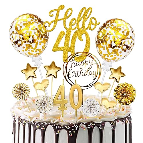 Tortendeko 40 Geburtstag Männer Frauen, 20 Pcs Tortendeko Gold Deko 40 Geburtstag, Hello 40 Cake Topper mit Geburtstagskerzen, für 40 Geburtstag Deko Kuchen Deko von Luckeey