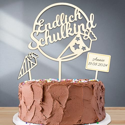 Tortendeko Einschulung, Cake Topper Endlich Schulkind Holz Kuchendeko Schulanfang von Luckeey