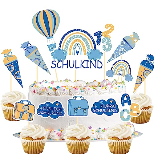 Tortendeko Einschulung Junge, 13Pcs Cake Topper Schulkind Kuchendeko Schulanfang, Zuckertüte ABC 123 Kuchen Deko, Endlich Schulkind 2023 Junge Geschenke Einschulung von Luckeey