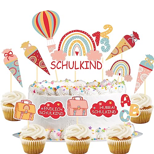 Tortendeko Einschulung Mädchen, 13Pcs Cake Topper Schulkind Kuchendeko Schulanfang, Zuckertüte ABC 123 Kuchen Deko, Endlich Schulkind 2025 Mädchen Geschenke Einschulung von Luckeey