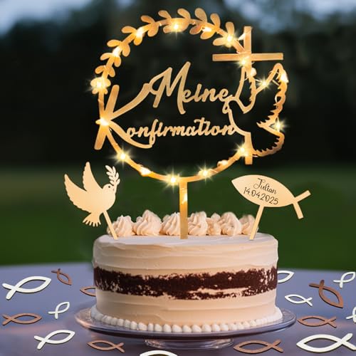 Tortendeko Konfirmation mit LED Lichterkette, Cake Topper Meine Konfirmation Holz & 36 Stück Holz Fische Streudeko Tischdeko & Taube Fisch Kuchen Deko, Konfirmation Deko Junge Mädchen Geschenke Tortendeko Konfirmation mit LED Lichterkette, Cake Topper Meine Konfirmation Holz & 36 Stück Holz Fische Streudeko Tischdeko & Taube Fisch Kuchen Deko, Konfirmation Deko Junge Mädchen Geschenke von Luckeey
