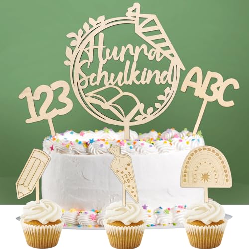 Universelle Tortendeko Einschulung, 6 STK Cake Topper Hurra Schulkind Holz Kuchendeko Schulanfang, Zuckertüte ABC 123 Kuchen Deko Schulkind 2023 Mädchen Junge Einschulung Geschenk von Luckeey