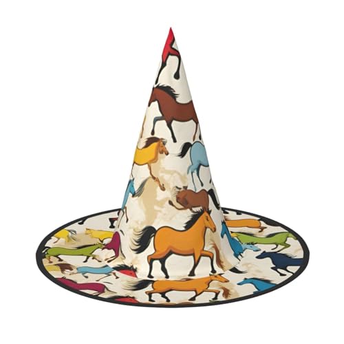 Bunte Cartoon-Pferde-Druck, Halloween-Hexenhut, einzigartiger Steeple-Top-Kostüm, Hut für Party, Festival, Dekoration Bunte Cartoon-Pferde-Druck, Halloween-Hexenhut, einzigartiger Steeple-Top-Kostüm, Hut für Party, Festival, Dekoration von Luckily&Day