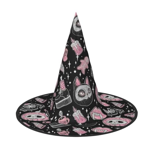 Halloween-Kürbis-Katzen-Druck, Halloween-Hexenhut, einzigartiger Steeple-Top-Kostümhut für Frauen, Festival-Dekoration Halloween-Kürbis-Katzen-Druck, Halloween-Hexenhut, einzigartiger Steeple-Top-Kostümhut für Frauen, Festival-Dekoration von Luckily&Day