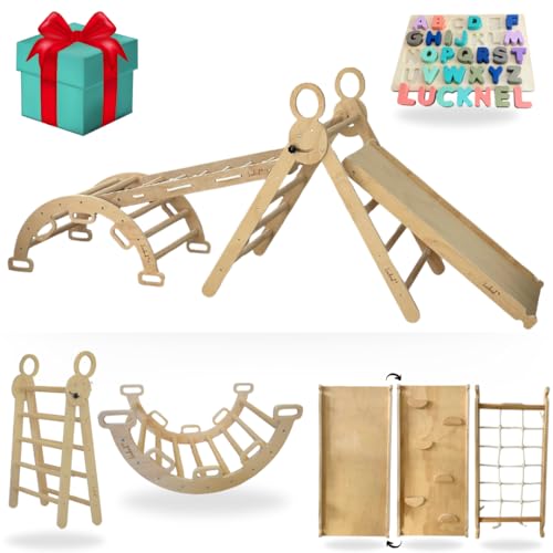 Lucknel® 5-in-1 Montessori Klettergerüst Indoor Set – Pikler Dreieck, Kletterbogen, Kletternetz und Rutsche – Spielplatz ab 2+ mit doppelseitiger Rampe und Holz-ABC-Puzzle als Bonus von Lucknel
