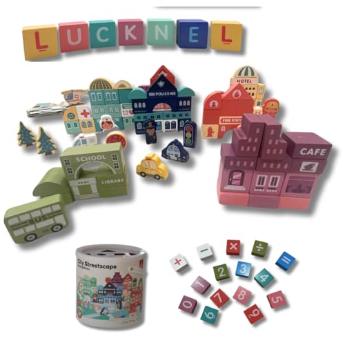Lucknel® Montessori Holz-Bausteine Set–120 Teile Bunte Stadt-Spielsteine für Kinder ab 3 Jahren–Mit Puzzle-Spielmatte–Aufbewahrungseimer und Tragetasche–Lernspielzeug Geschenkidee von Lucknel